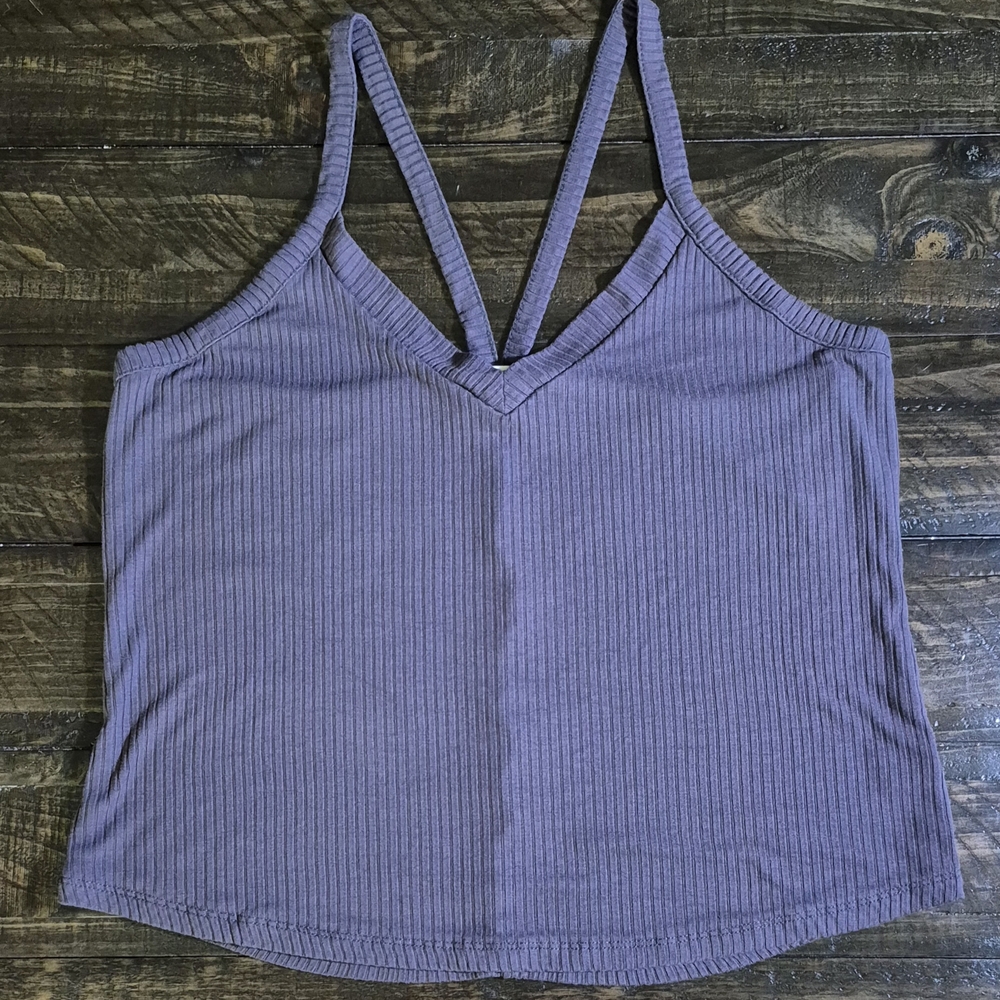Zenana Outfitters Women's 1X Gray Ribbed Tank w/V Strap Back EUC